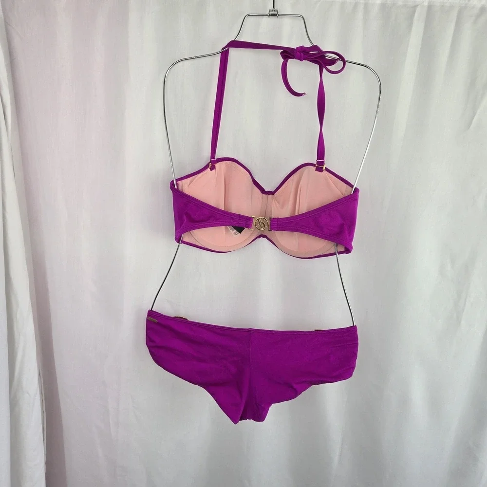 Victoria's Secret Fushia Bikini Twist Front Top 34DD Gold Ring Bottoms Size S